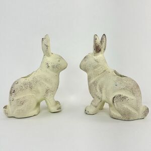 Pottery Barn Rustic Cast Iron Rabbit Candle Holders Pair Bunny Decor Farmhouse
